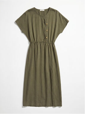 ROMAN Khaki Green Tencel Maxi Dress Gold Button Detail Casual Minimalist, Sz 6